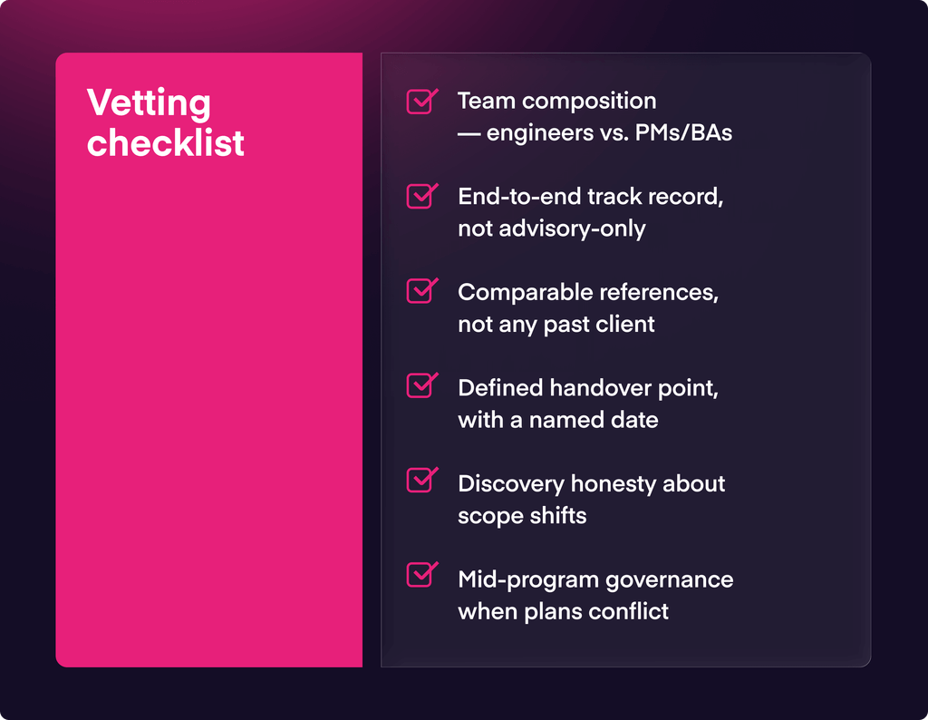 Six-point checklist for vetting a digital transformation partner in banking: team composition, end-to-end track record, banking domain knowledge, defined handover, discovery honesty and mid-program governance.