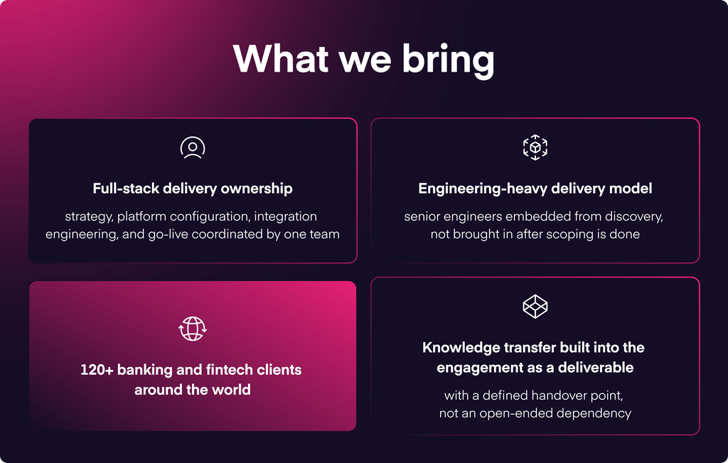 What Vacuumlabs brings to banking transformation: full-stack delivery ownership, senior engineers embedded from discovery, 120+ banking and fintech clients, and knowledge transfer with a defined handover.
